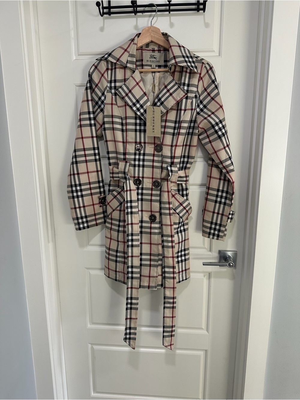 Burberry Beige Plaid Double-Breasted Trench Coat
